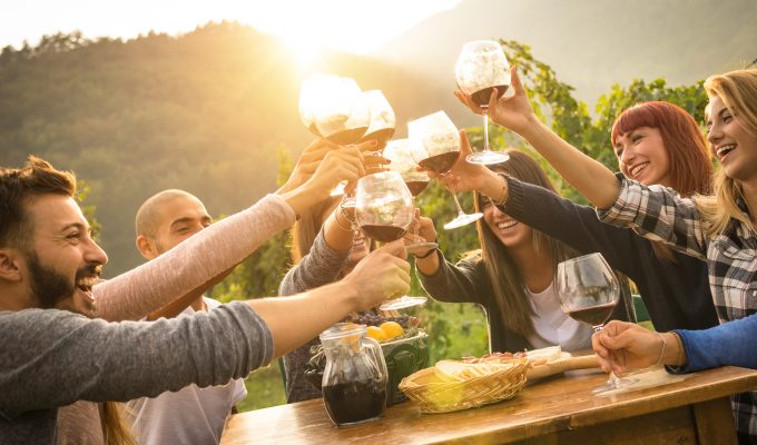 Grupo de amigos brindando con copas de vino en un viñedo al atardecer.