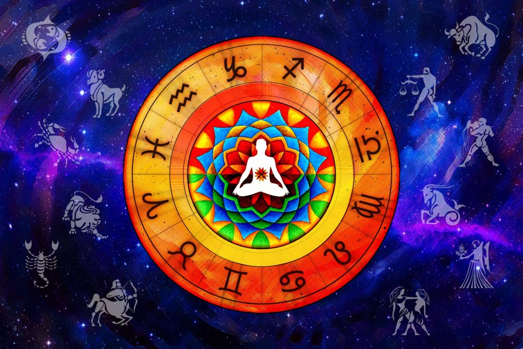 Ilustración de la rueda zodiacal con los doce signos en un fondo cósmico, en cuyo centro aparece una figura meditando, simbolizando las energías horóscopo