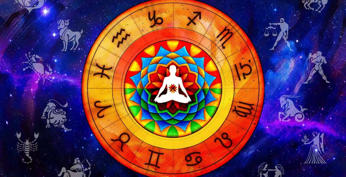 Ilustración de la rueda zodiacal con los doce signos en un fondo cósmico, en cuyo centro aparece una figura meditando, simbolizando las energías horóscopo