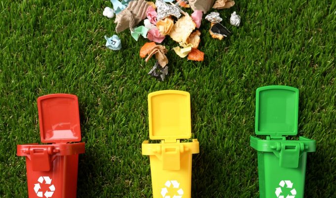 Clasificación de residuos: iconos de cubos de basura de colores para separar materiales