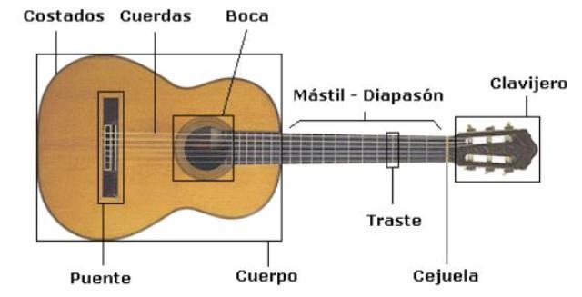 infografía de una guitarra criolla con las partes del instrumento
